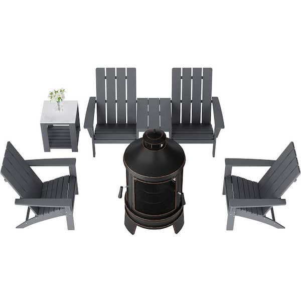 6-Piece Patio Gray Classic HDPE Poly Plastic Outdoor Adirondack Chair Set with a Wood Stove, 3 Chairs and 2 Side Tables