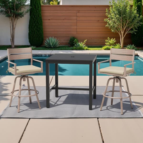 3-Piece Square Aluminum Outdoor Dining Set with 35.4 in. Table and Bar Stool with Sunbrella Champagne Cushion