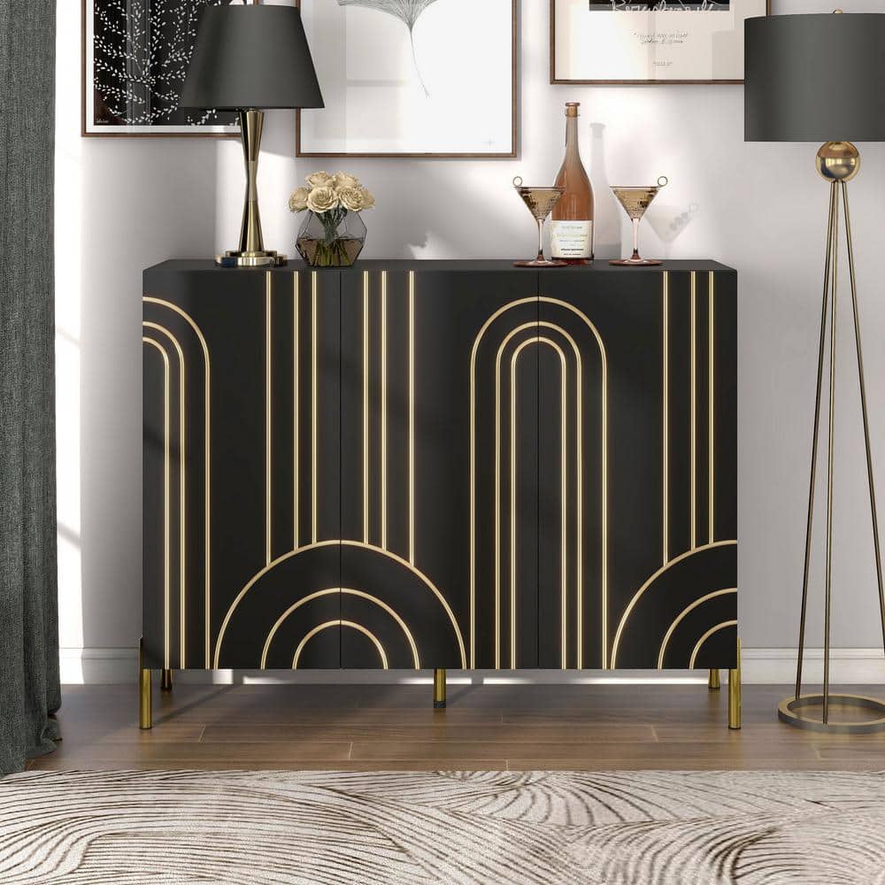 Black and Gold Art Deco Geometric Buffet Sideboard