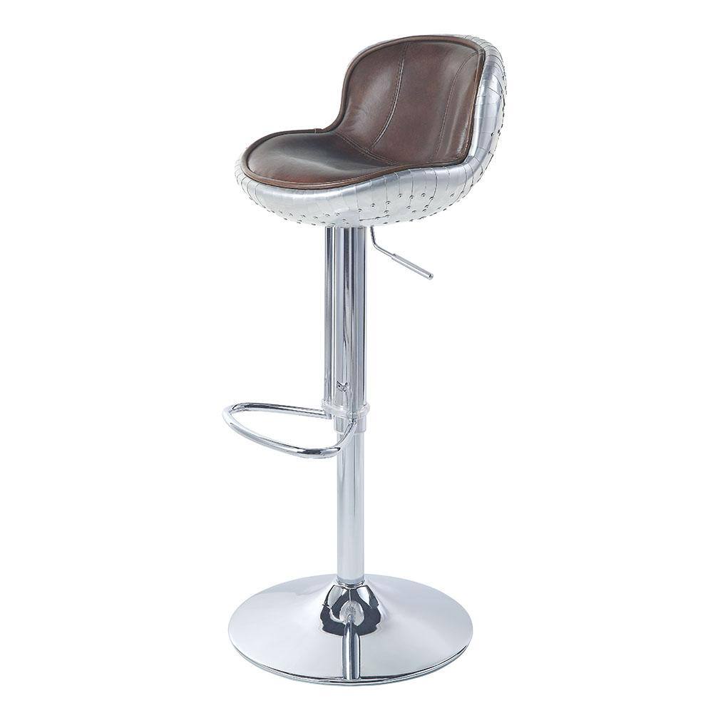 Acme Furniture  Brancaster 41 in. Vintage Brown and Aluminum Low Back Metal Frame Adjustable Swivel Bar Stool with Leather Seat - 3