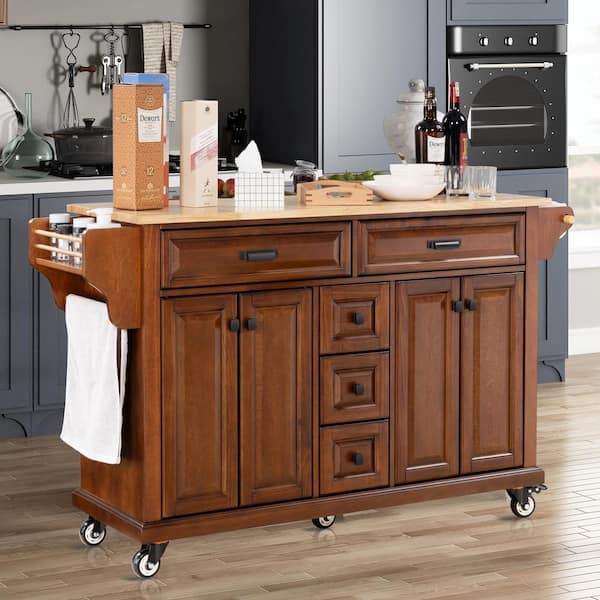 Staykiwi Mahogany MDF Kitchen Cart with 4 Door Cabinet, Spice Rack and Towel Rack