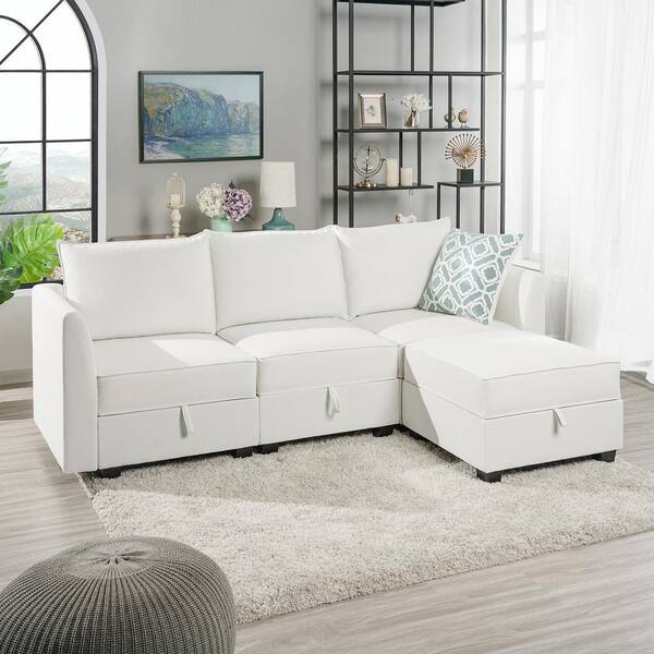 L-shaped Couch Set Linen Convertible Sectional Sofa w/ Lumbar