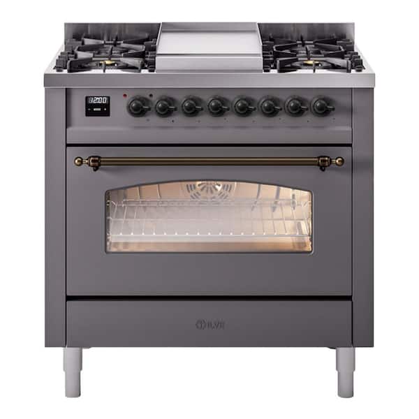 Nostalgie II 36 in. Dual Fuel Natural Gas Range with 6 Burners, Griddle, Burnished Trim in Graphite Matte