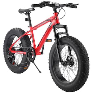 20 in. Fat Tire Bike Adult 7 Speed Mountain Bike Dual Disc Brake High-Carbon Steel Frame Front Suspension in Red