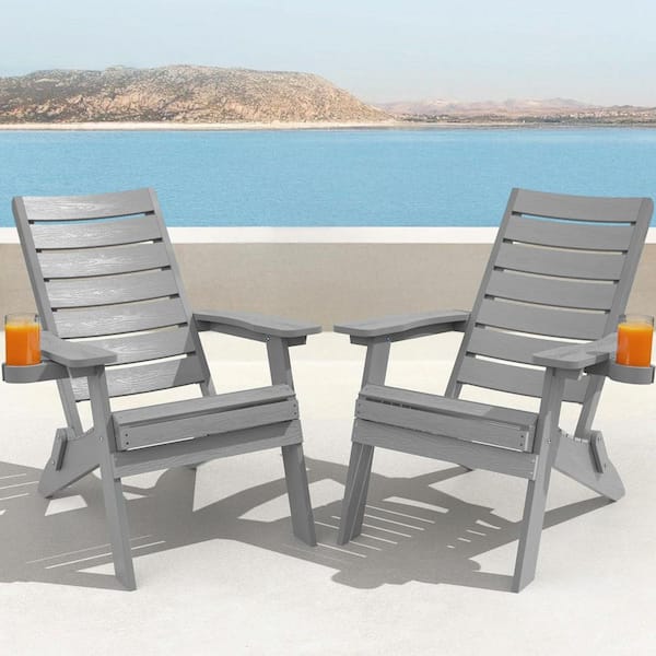 Mximu All-Weather HIPS Grey Folding Plastic Patio Adirondack Chair for Outdoor (Set of 2)