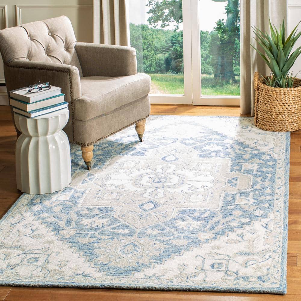 Ivory and Blue Square Tufted Wool Rug, 5' x 5'