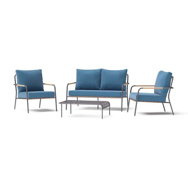RST BRANDS Lunen Steel 4-Piece Patio Conversation Set with Blue Cushions