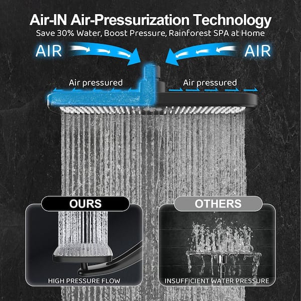 1-Piece High Pressure Rain Shower Head in Matte Black, Handheld Spray Included with Adjustable Stand