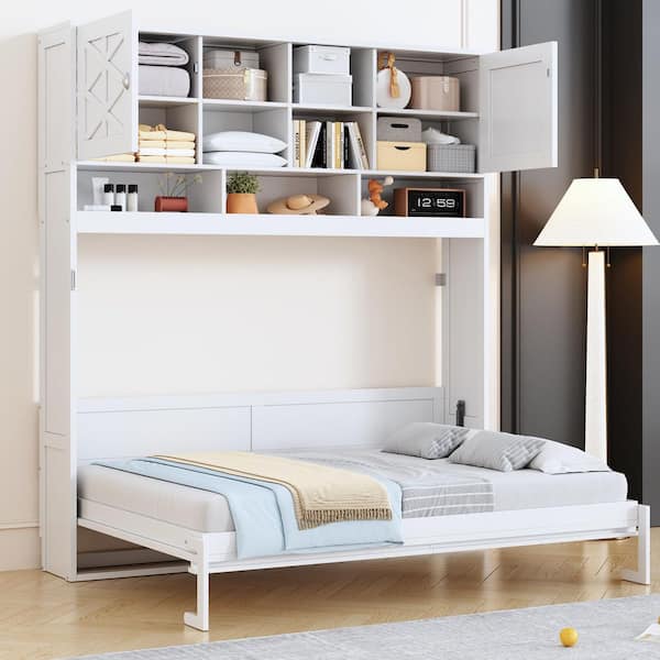 Diamond Stripes White Wood Frame Queen Size Murphy Bed with Open Storage Compartments, 2 Cabinets