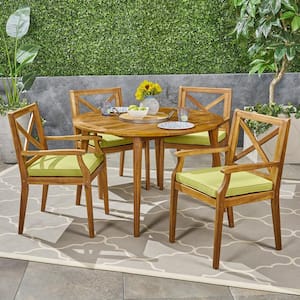 Pines Teak Brown 5-Piece Wood Outdoor Dining Set with Green Cushions