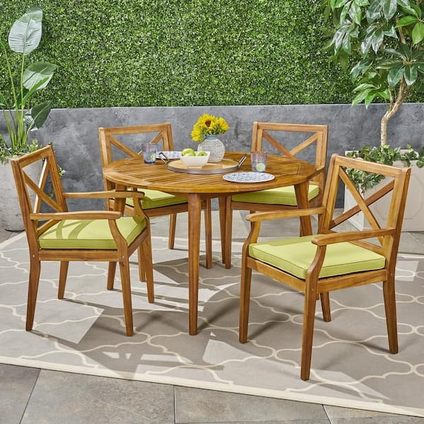 Noble House Pines Teak Brown 5-Piece Wood Outdoor Patio Dining Set with Green Cushions