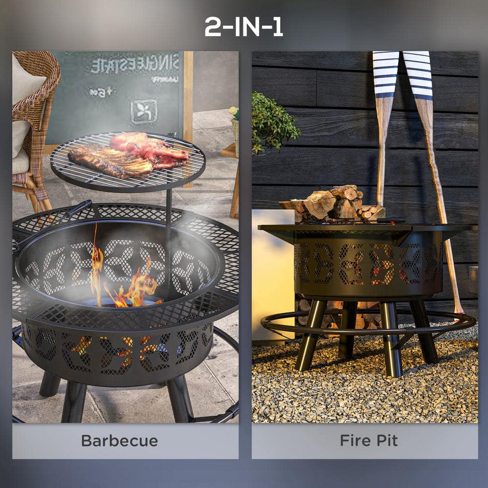 33" Black Steel Round Free-standing Fire Pit with Adjustable Grill