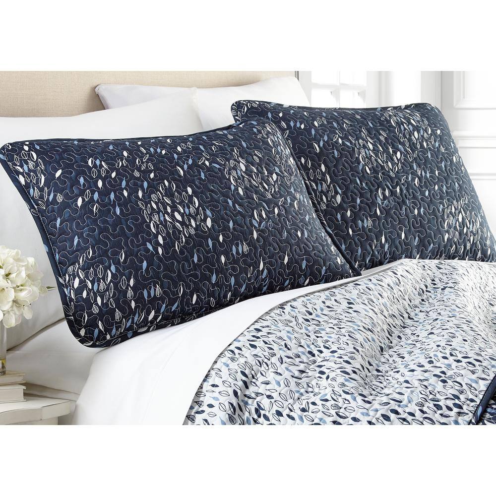 Botanical Leaves Blue Reversible Microfiber Full/Queen Quilt Set