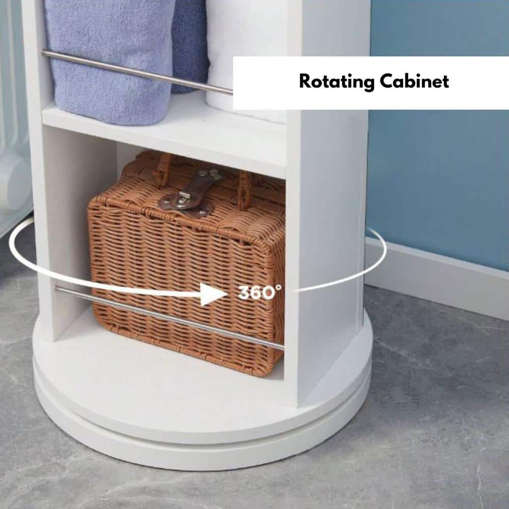 White Rotating Bathroom Storage Cabinet with Full-Length Mirror