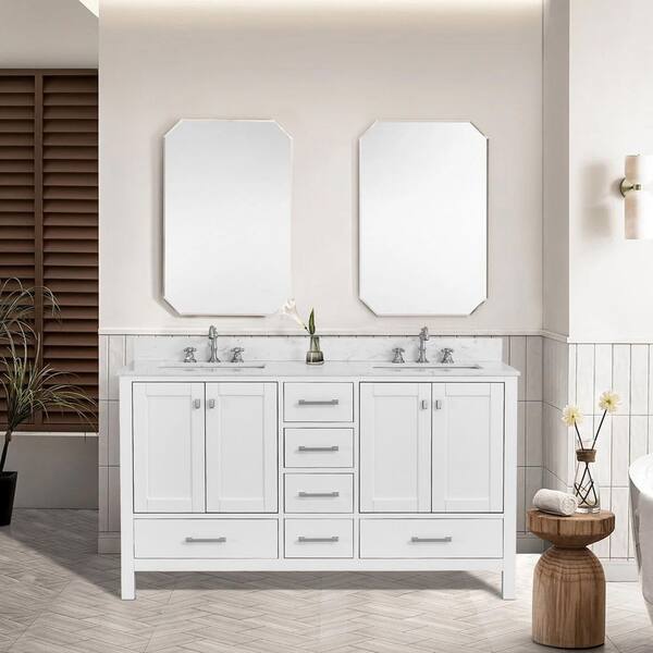 60 in. Freestanding Solid Wood White Bath Vanity with White Engineered Marble Top and Soft Close Drawers