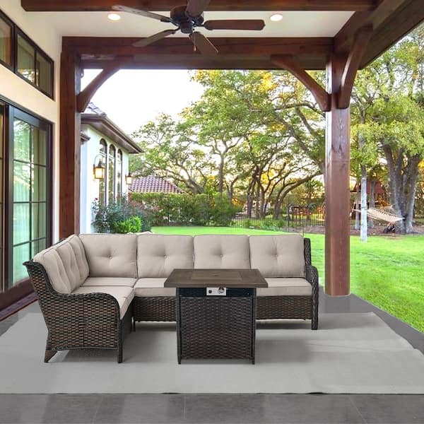 Brown 2-Piece Wicker Patio Fire Pit Set, Outdoor 6-Seater Sectional Seating Set with Olefin Beige Cushions