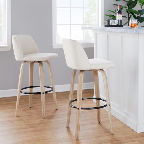Toriano 39 in. Cream Noise Fabric, White Washed Wood & Black Metal Fixed-Height Bar Stool Round Footrest (Set of 2)