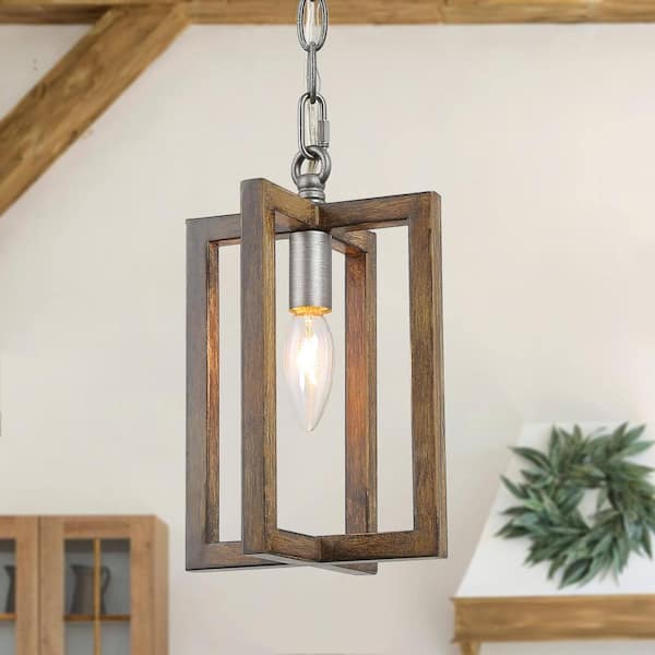 Rustic 40-Watt 1-Light Antique Brushed Silver Cage Mini Pendant Light with Pine Wood Accents