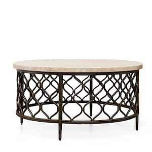 Roland 36 in. Cream/Bronze Faux Marble Top Round Coffee Table
