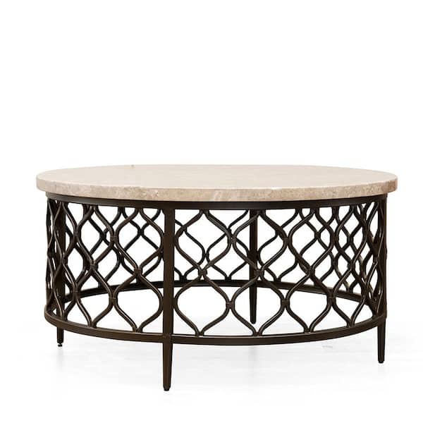 Steve Silver Roland 36 in. Cream/Bronze Faux Marble Top Round Coffee Table