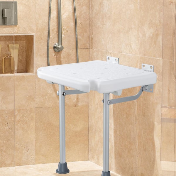 Folding PE Shower Seat 15.7 in. x 14.8 in. Wall Mounted Fold Up Shower Bench with 500 lbs. Capacity, White, Polyethylene