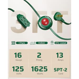 12 ft. 16/2C Indoor Extension Cord with 2-Prong 3 Outlets and ON/Off Foot Switch, Angled Flat Plug, Green