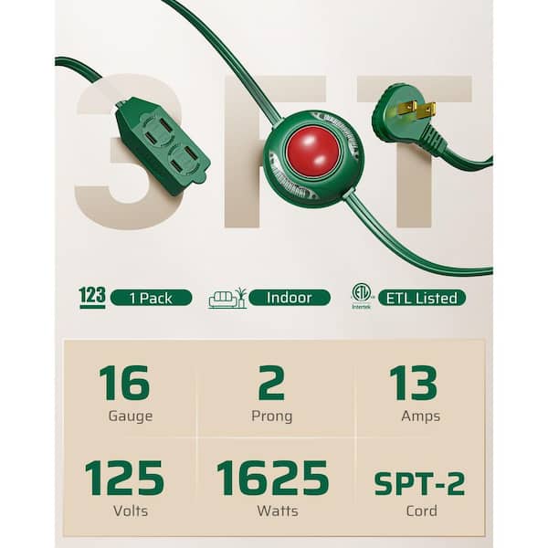12 ft. 16/2C Indoor Extension Cord with 2-Prong 3 Outlets and ON/Off Foot Switch, Angled Flat Plug, Green