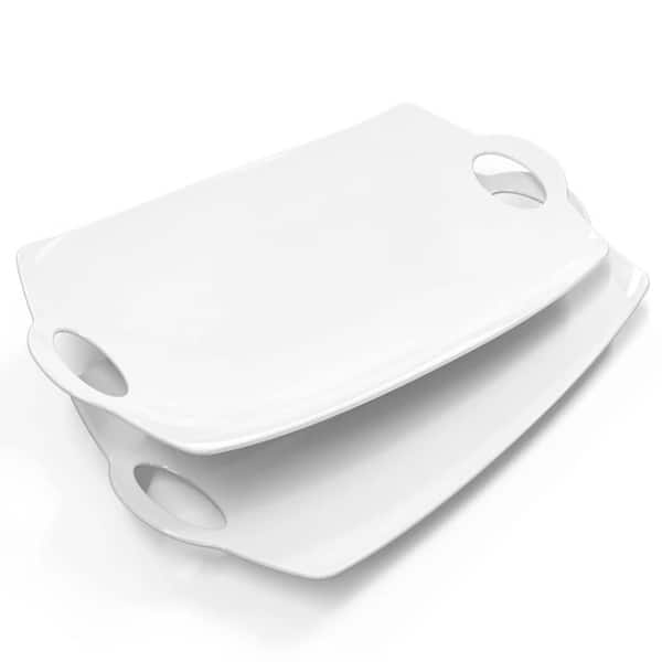 16 in. White Porcelain Rectangular Platter with Handles, Meat Serving Dish for Entertaining, Serving Platter (Set of 2)