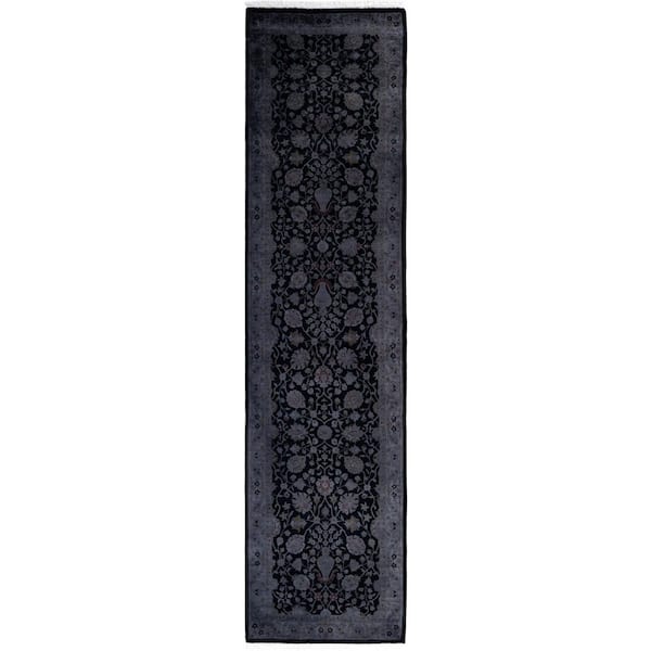 Overdyed Black 3 ft. x 10 ft. Solid Wool Indoor Runner Rug