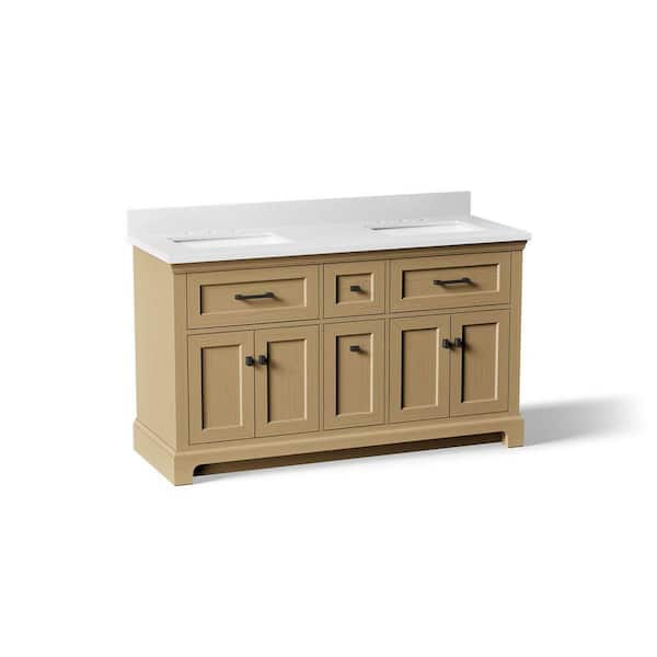 Charlemont 61 in. Double Sink Freestanding Light Oak Bath Vanity with White Quartz Top Assembled