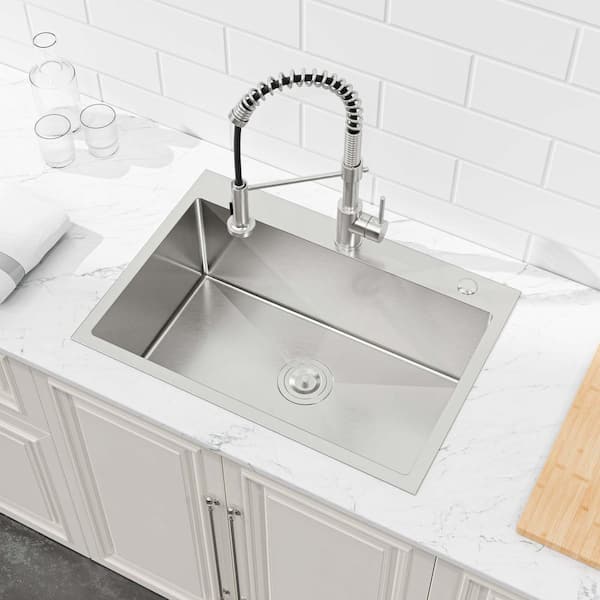 27 in. x 19 in. Brushed Nickel Stainless Steel Single Bowl Undermount Kitchen Sink with Drain and Hooks
