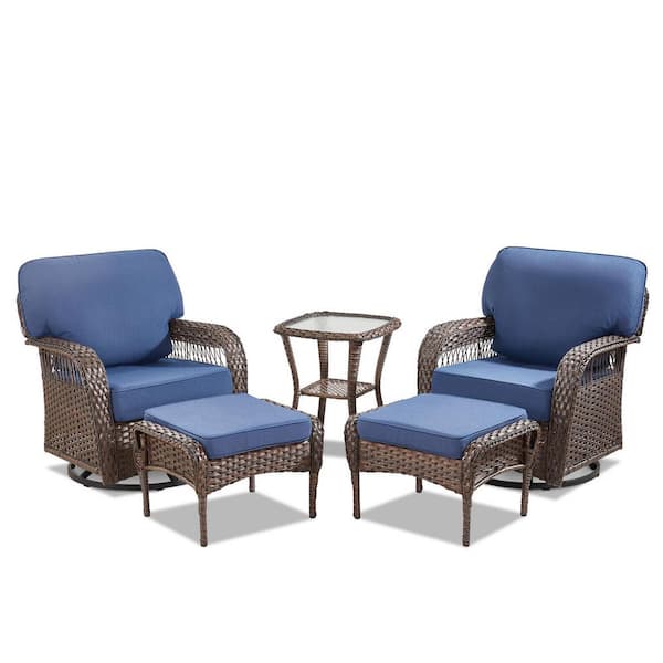 5-Piece Wicker Patio Conversation Set, Outdoor Swivel Chairs, Footstools and Side Table with Blue Cushions