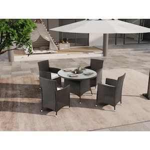5 Piece Wicker Outdoor Dining Set All-Weather Wicker Patio Dining Table and Chairs with Beige Cushions