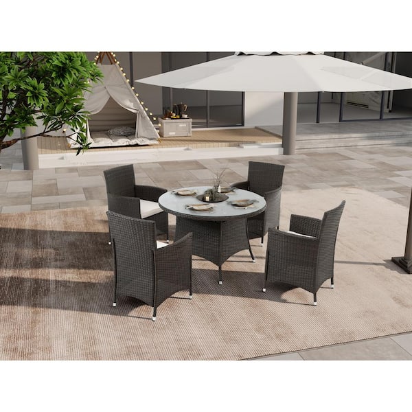 Runesay 5 Piece Wicker Outdoor Dining Set All-Weather Wicker Patio Dining Table and Chairs with Beige Cushions