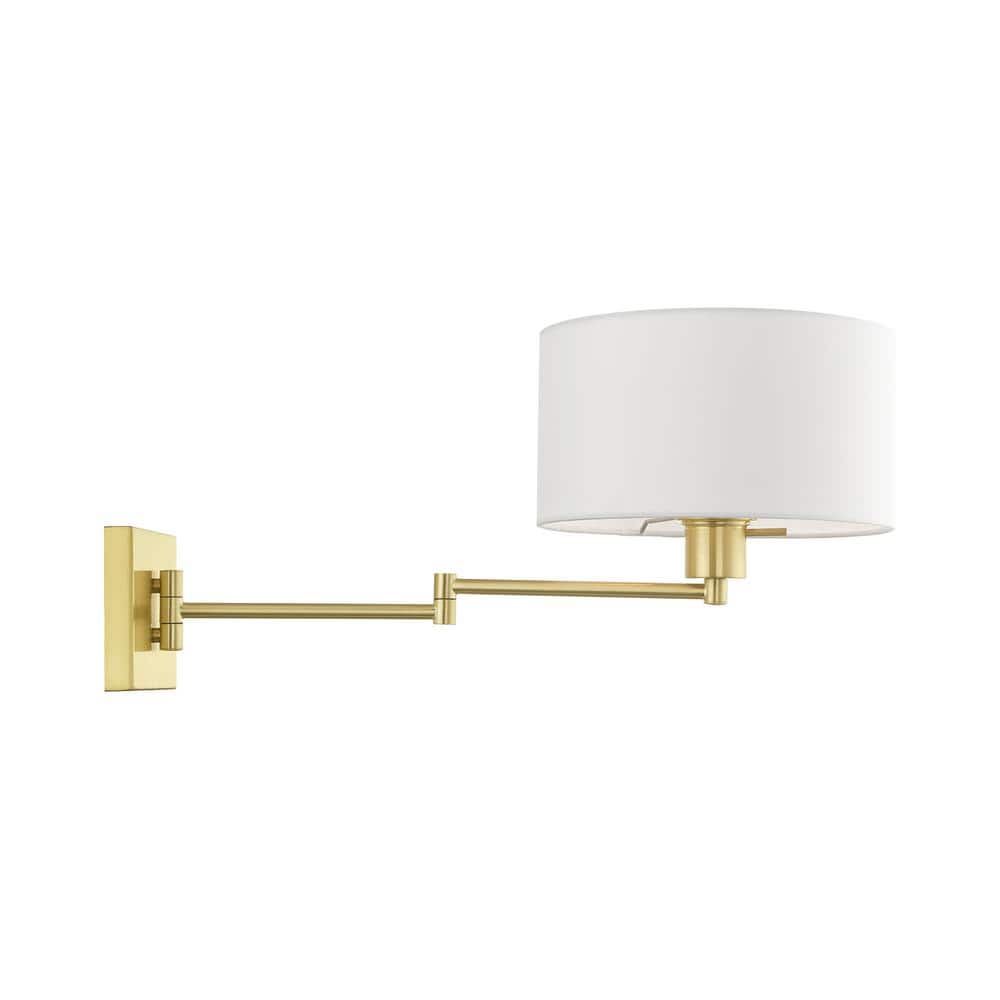 Satin Brass Swing Arm Wall Lamp with Off-White Shade