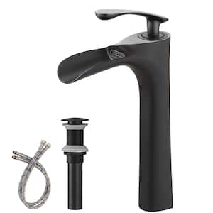 Waterfall Single Hole Single Handle Bathroom Vessel Sink Faucet With Drain Assembly in Matte Black