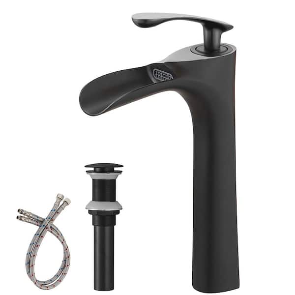 HOMEMYSTIQUE Single Handle Waterfall Vessel Sink Faucet with Drain Kit Included in Matte Black