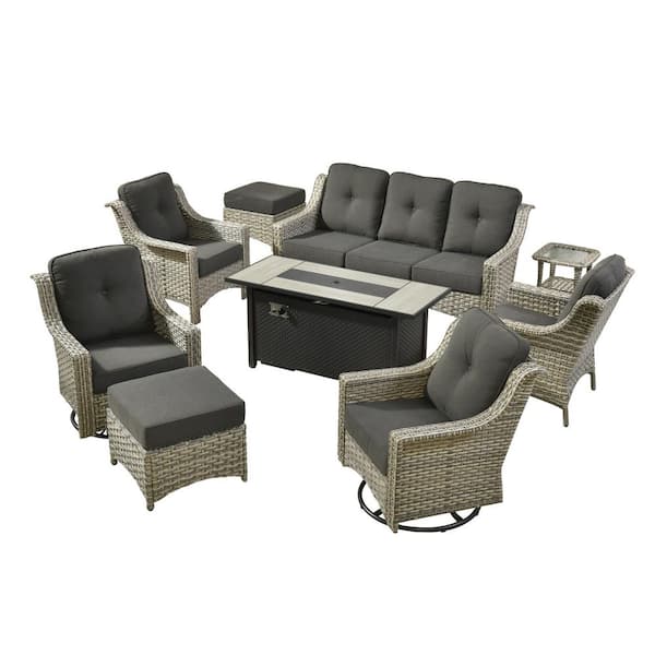 Cherry 9-Piece Wicker Outdoor Furniture Patio Fire Pit Conversation Sofa Set with Swivel Chairs and Black Cushions