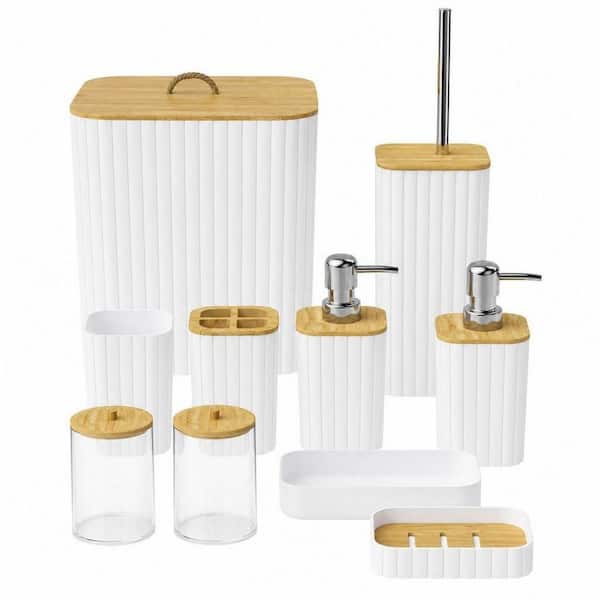 Wudkey 10-Piece Bathroom Accessory Set with Toilet Brush Trash Can Soap Dispenser in White for Vanity Countertop Restroom Home MP8K39_8