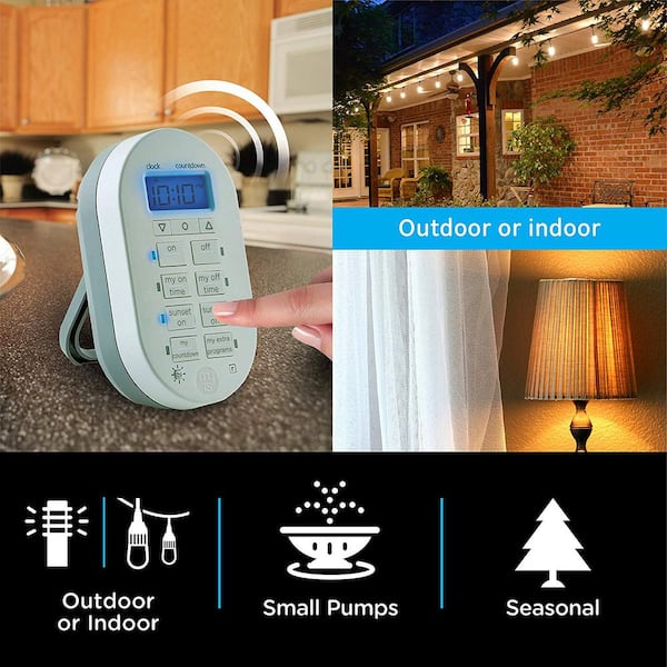 myTouchSmart Wireless Programmable Outdoor / Indoor Digital Timer with  Remote, Plug-in, 2 Outlets Grounded, 2 Custom On/Off Times,24 Hour  Countdown,3