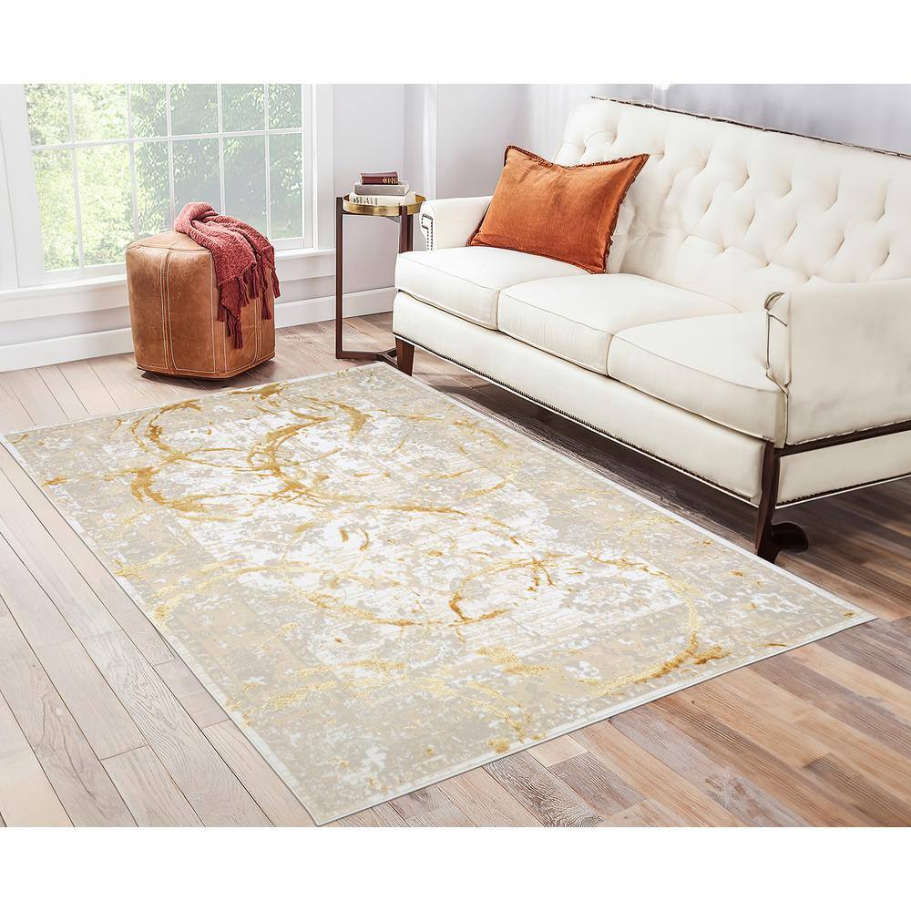 Gold and Beige Tufted Rectangular Stain-Resistant Area Rug