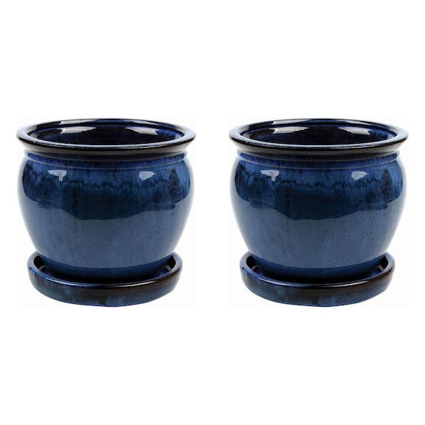 Southern Patio Wisteria 11.81 in. L x 11.81 in. W x 10.24 in. H Blue Ceramic Planter Pot with Saucer (2-Pack)
