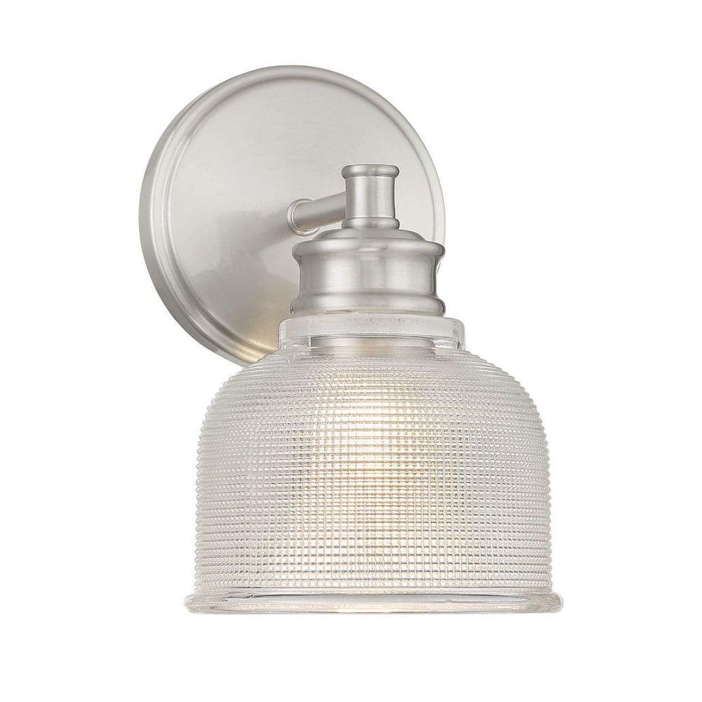 Meridian 5 in. x 9.5 in. 1-Light Brushed Nickel Traditional Wall Sconce with Textured Glass Shade price history on PriceWatchPro