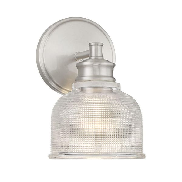 Savoy House Meridian 5 in. x 9.5 in. 1-Light Brushed Nickel Traditional Wall Sconce with Textured Glass Shade