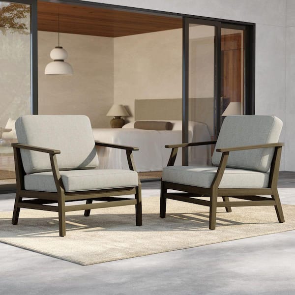 Brown Teak Outdoor Lounge Chair with Light Camel Cushions （Set of 2）