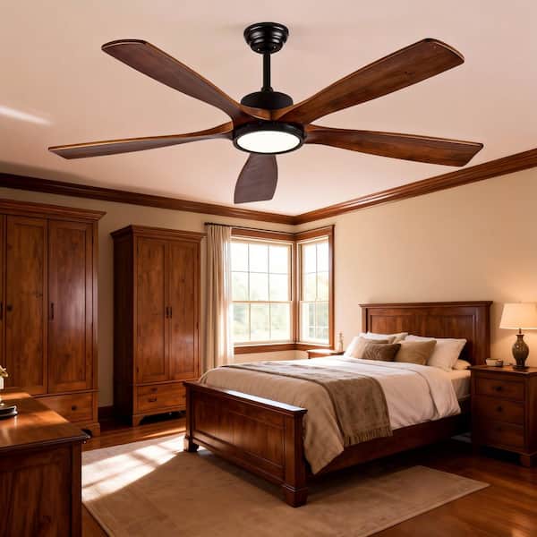 60 in. Black 5 Wood Blades Downrod Stardand Ceiling Fan with Full Spectrum LED Light and Remote Control Included