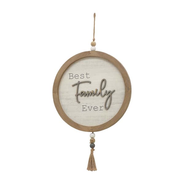 Parisloft Wood Wall Sign with Sayings-Best Family Ever, Farmhouse Round Hanging Wall Decor, White and Natural Wood with Bead Accent and Jute Tassel