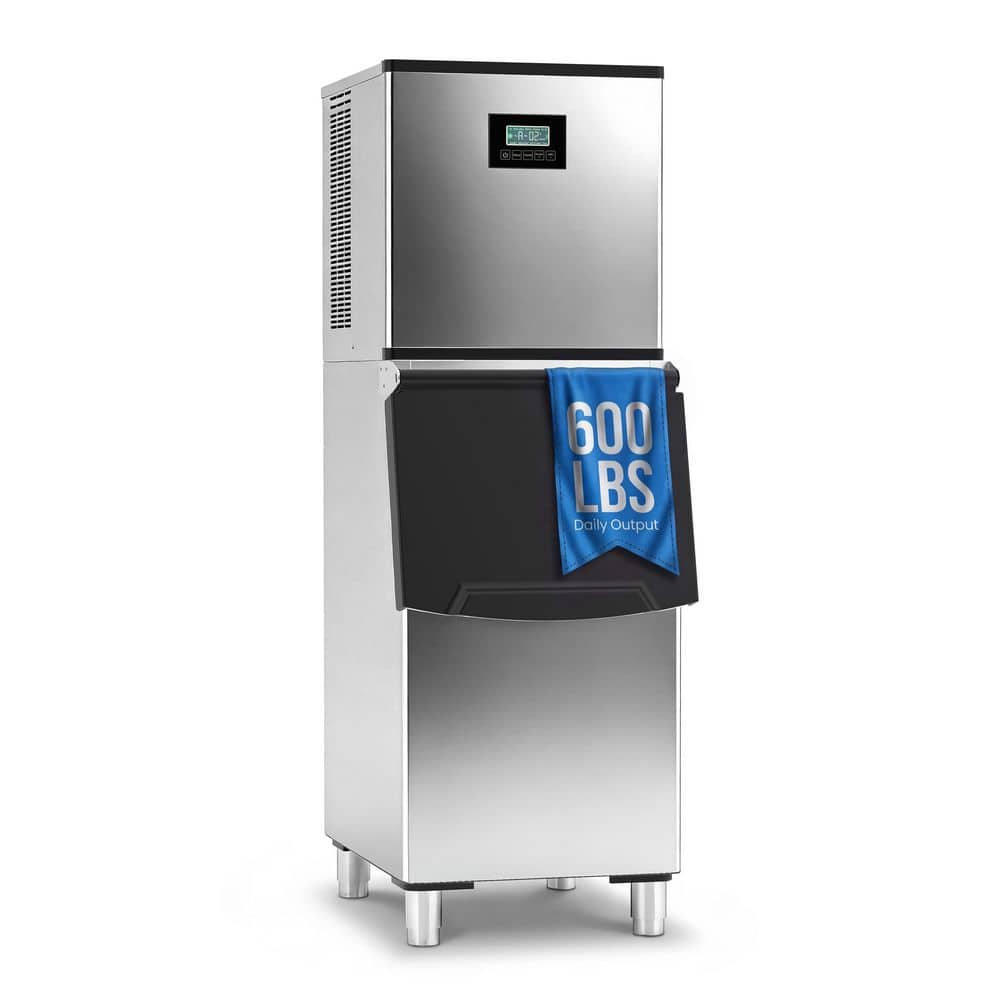 21.25 in Commercial Ice Maker, Freestanding Stainless Steel Ice Maker Full Size Cubes w/300 lbs. Storage, 600 lbs./24 H