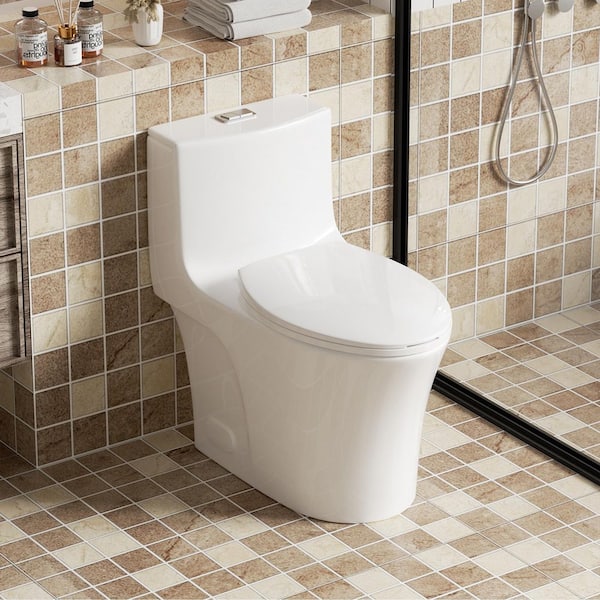 Dual-Flush Elongated 1-piece Toilet in Gloss White with Water-Saving Soft Closing Seat 1000 Gram Map Flushing Score