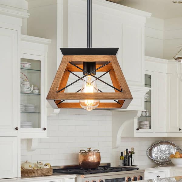HUOKU 1-Light Black Island Square Farmhouse Chandelier with Dark Brown Faux Wood Open Cage for Kitchen, Dining Room